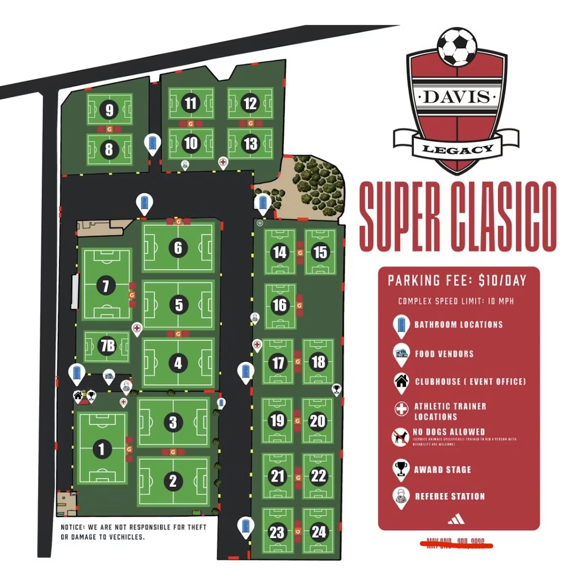 Davis Legacy Super Clasico field map showing all 24 fields, parking, bathrooms, food vendors, clubhouse, award stage, and referee station
